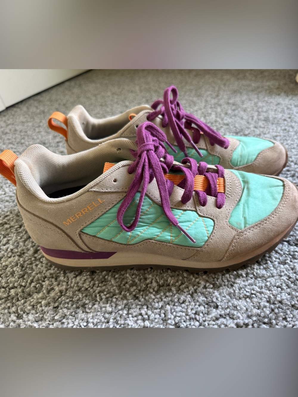 Merrell Women's Tan and Mint Low-Top Hiking Sneakers with Purple Laces